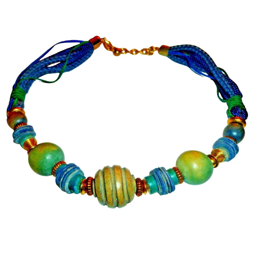 Artisan Chunky Beaded Statement Necklace Blue Green Gold Tone Mixed Media Boho